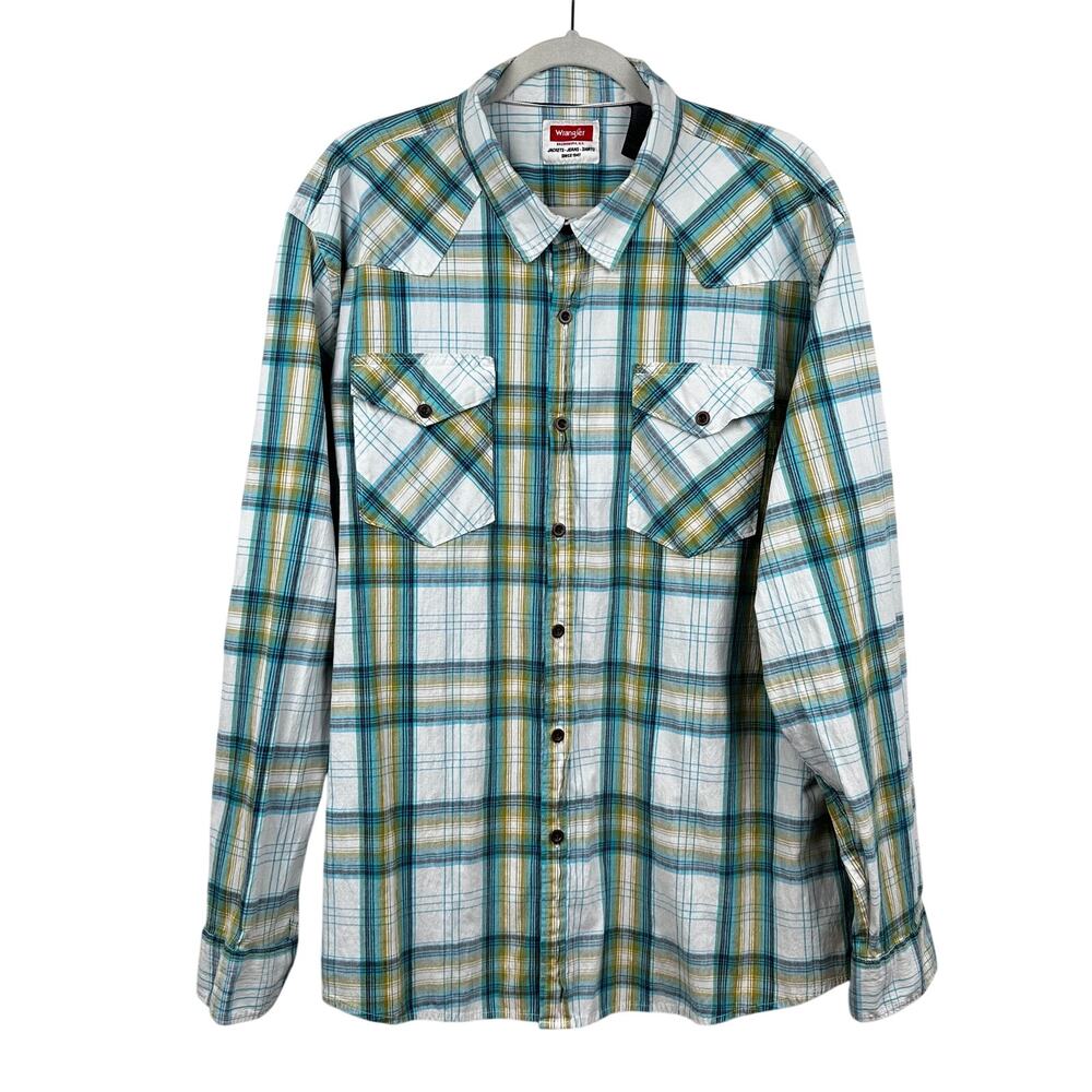 Wrangler Men's Button Up Shirt Plaid Long Sleeve Flap Pockets White Blue 2XL USA